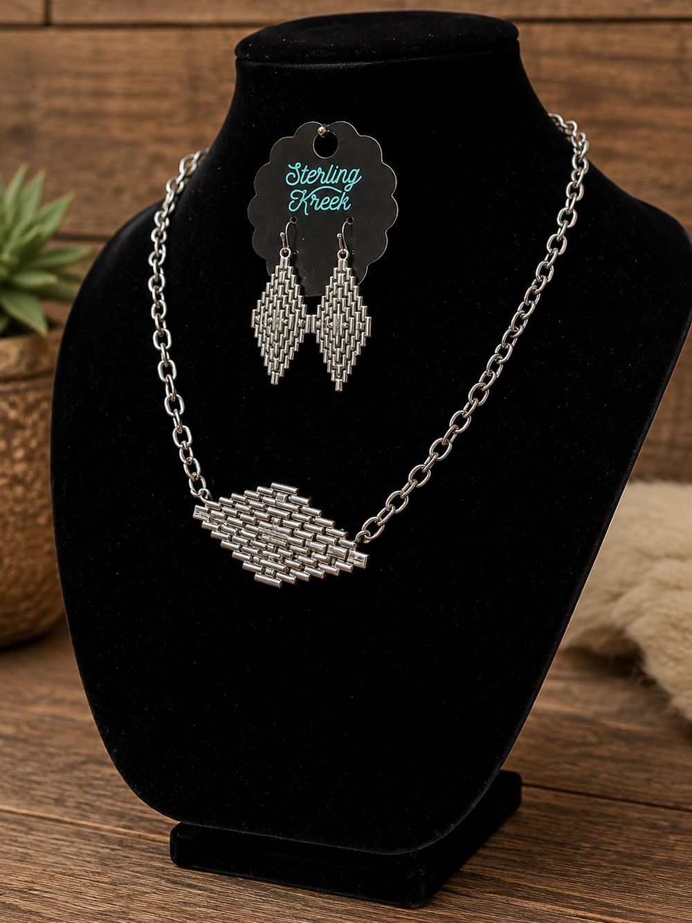 Sterling Kreek Silver Aztec Statement Necklace Earrings Western Boutique Set NWT